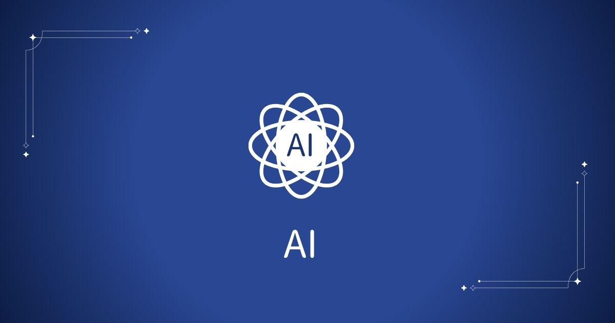 Blue gradient background with a white atom-style AI symbol and the letters AI in the center.